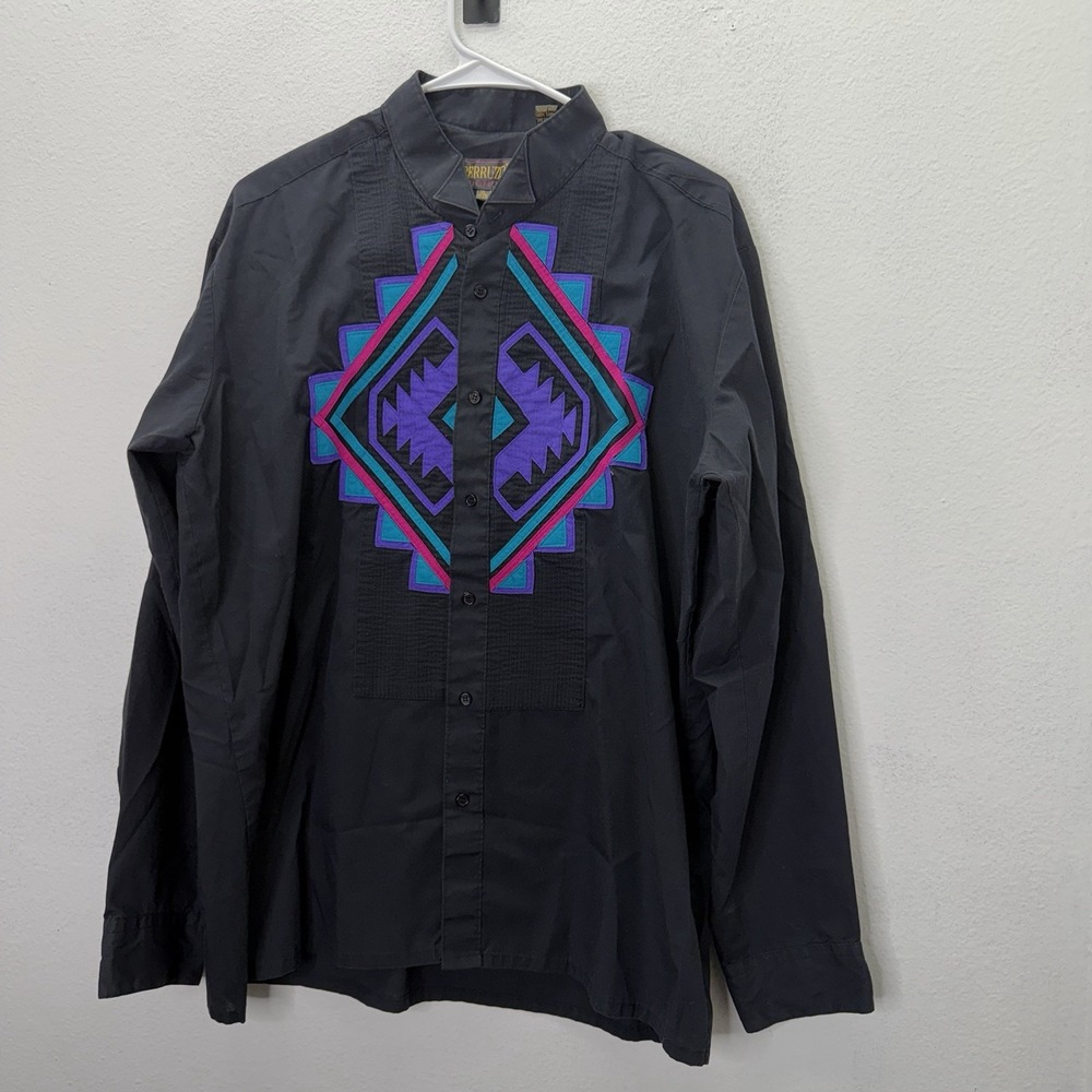 Vintage Perruzo Uomo XL Southwestern Western Geometric Appliqué Shirt 80s 90s